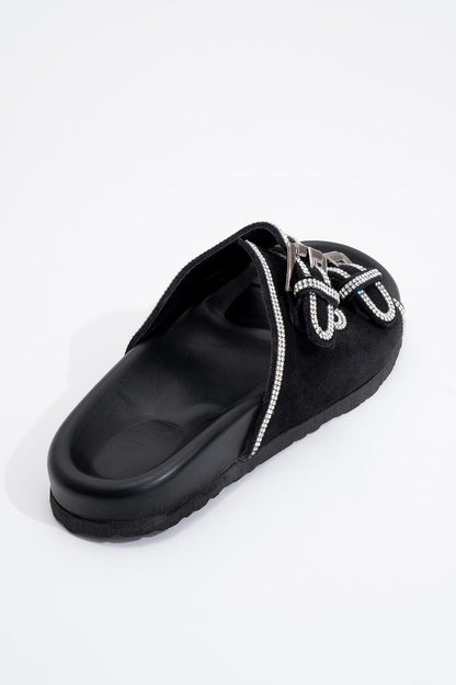 Allen - Black Leather Rhinestone Slide Sandal (Women)