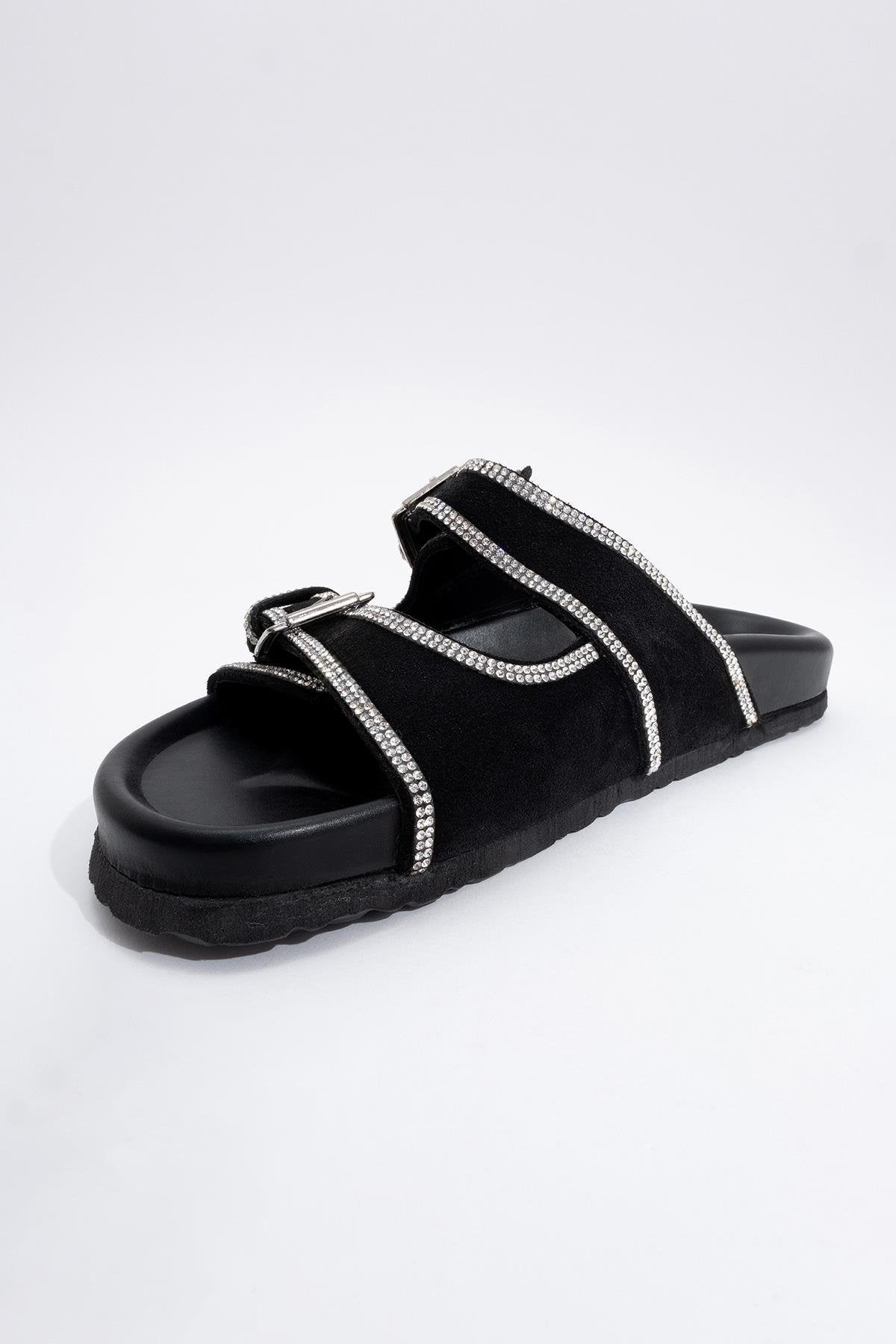 Allen - Black Leather Rhinestone Slide Sandal (Women)