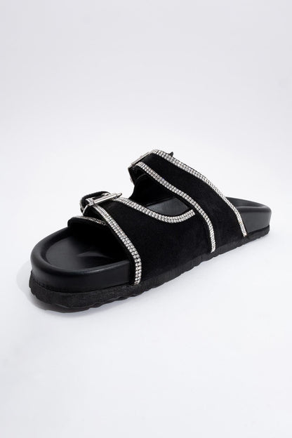 Allen - Black Leather Rhinestone Slide Sandal (Women)