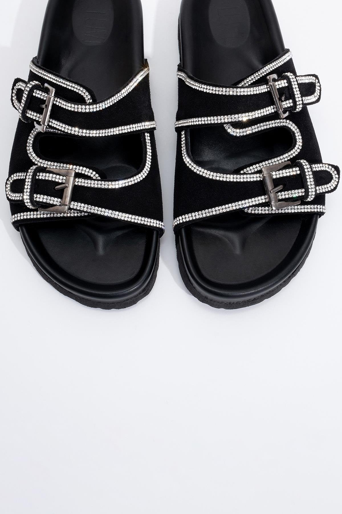 Allen - Black Leather Rhinestone Slide Sandal (Women)