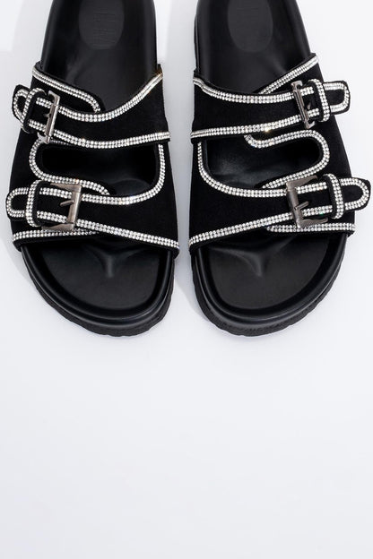 Allen - Black Leather Rhinestone Slide Sandal (Women)