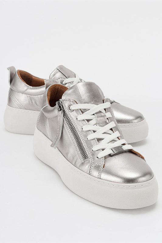 Allie - Silver Leather Zip Sneaker (Women)