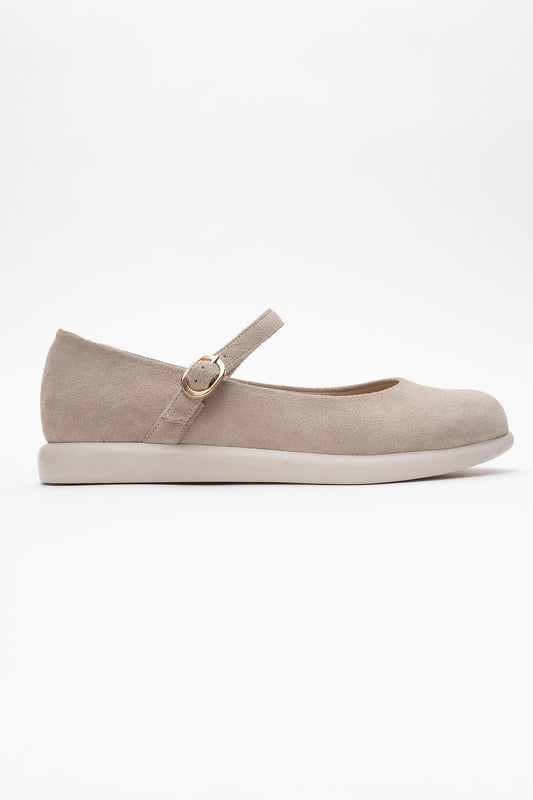 ANISA Beige Suede Leather Strap Flat (Women)