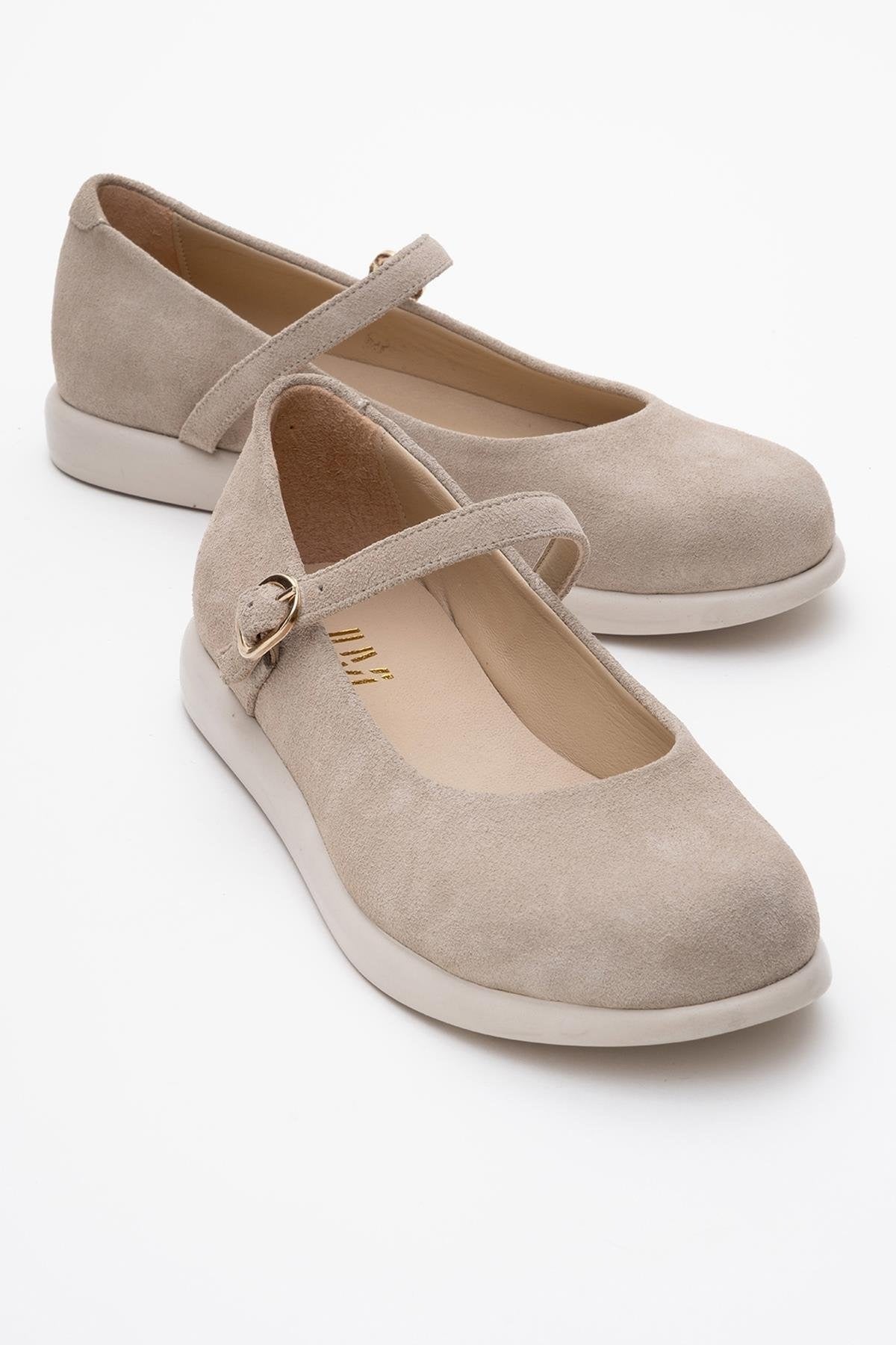 ANISA Beige Suede Leather Strap Flat (Women)