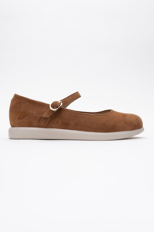 ANISA Cognac Brown Suede Leather Strap Flat (Women)
