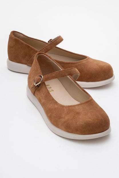 ANISA Cognac Brown Suede Leather Strap Flat (Women)