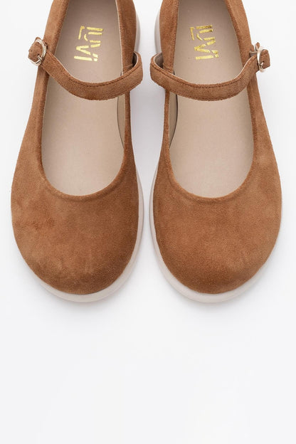 ANISA Cognac Brown Suede Leather Strap Flat (Women)
