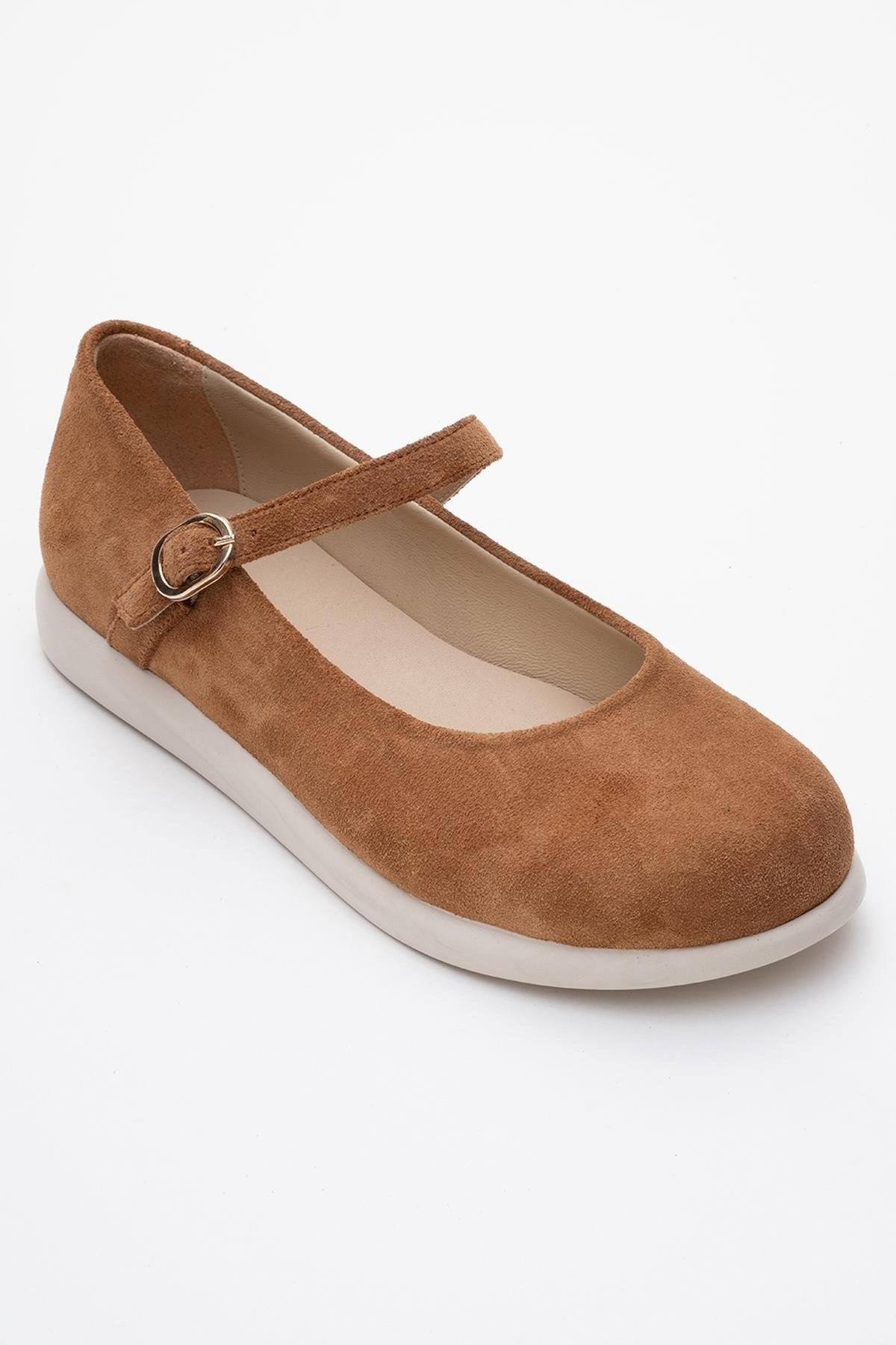 ANISA Cognac Brown Suede Leather Strap Flat (Women)