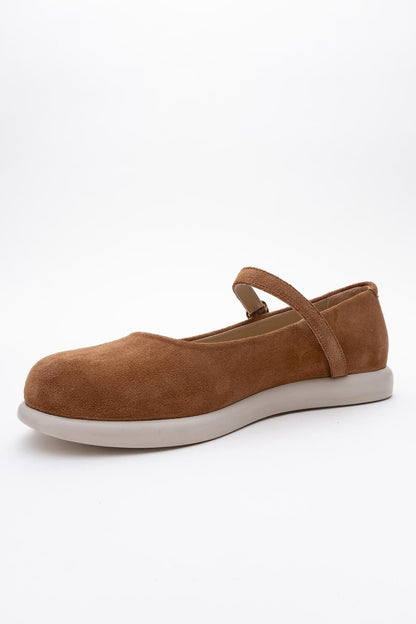 ANISA Cognac Brown Suede Leather Strap Flat (Women)