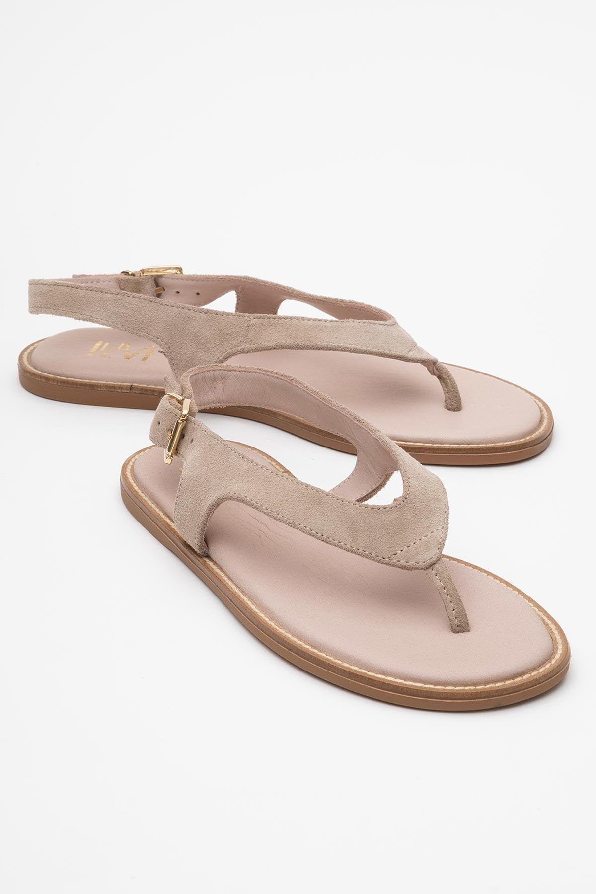 Belinda - Beige Suede Leather Thong Sandals (Women)