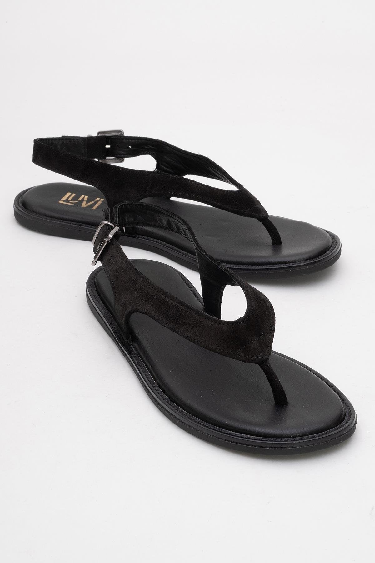 Belinda - Black Suede Leather Thong Sandals (Women)