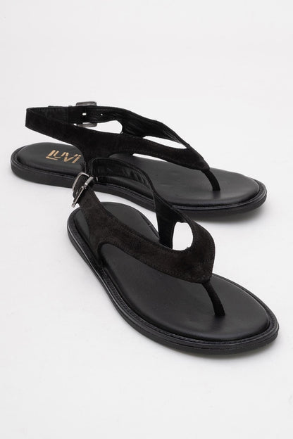 Belinda - Black Suede Leather Thong Sandals (Women)