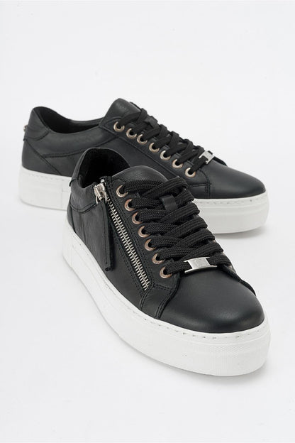 Beryl - Black Leather Zip Sneaker (Women)