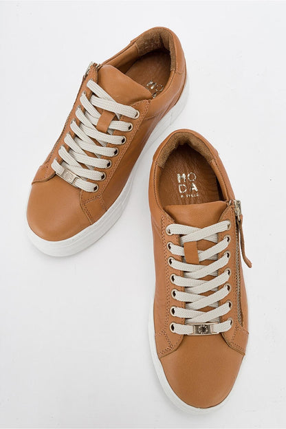 Beryl - Cognac Brown Leather Zip Sneaker (Women)