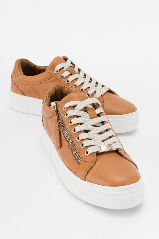 Beryl - Cognac Brown Leather Zip Sneaker (Women)