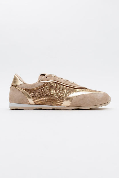 Bonia - Beige Suede Rhinestone Leather Sneakers (Women)