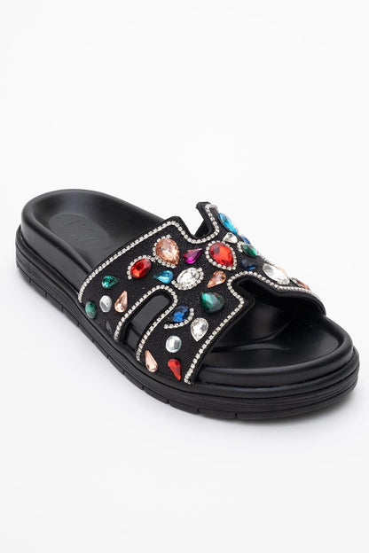 Denilla - Black Leather Embellished Slide Sandal (Women)