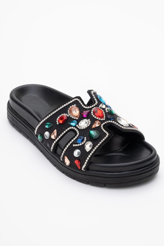 Denilla - Black Leather Embellished Slide Sandal (Women)