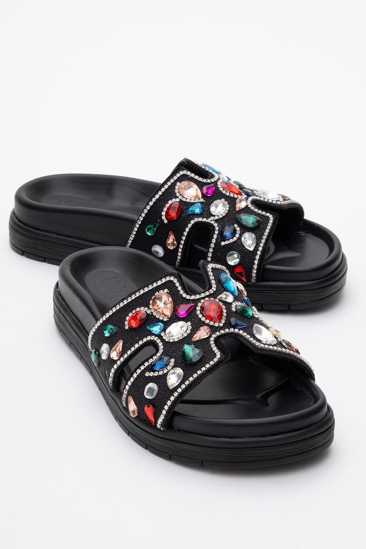 Denilla - Black Leather Embellished Slide Sandal (Women)
