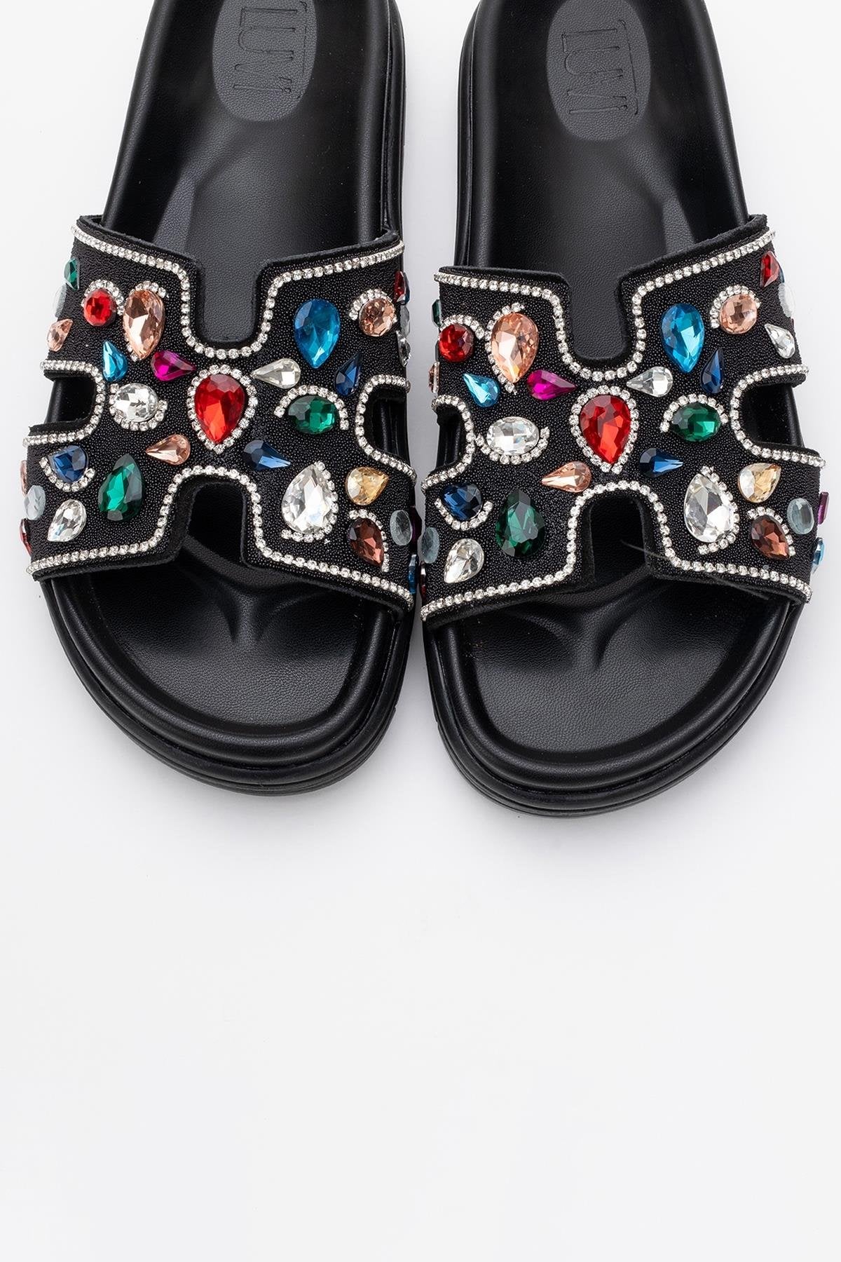 Denilla - Black Leather Embellished Slide Sandal (Women)