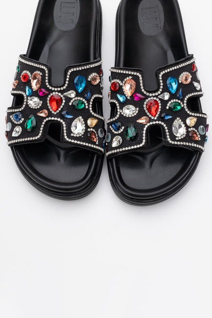 Denilla - Black Leather Embellished Slide Sandal (Women)
