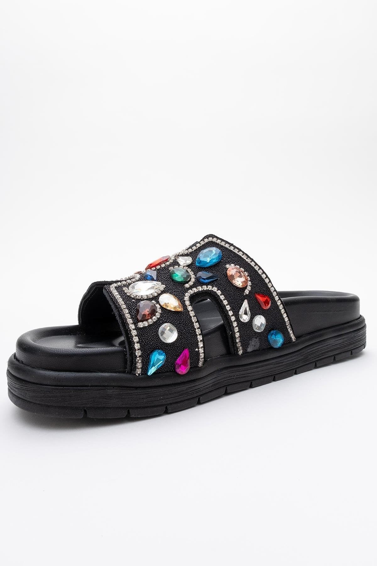 Denilla - Black Leather Embellished Slide Sandal (Women)