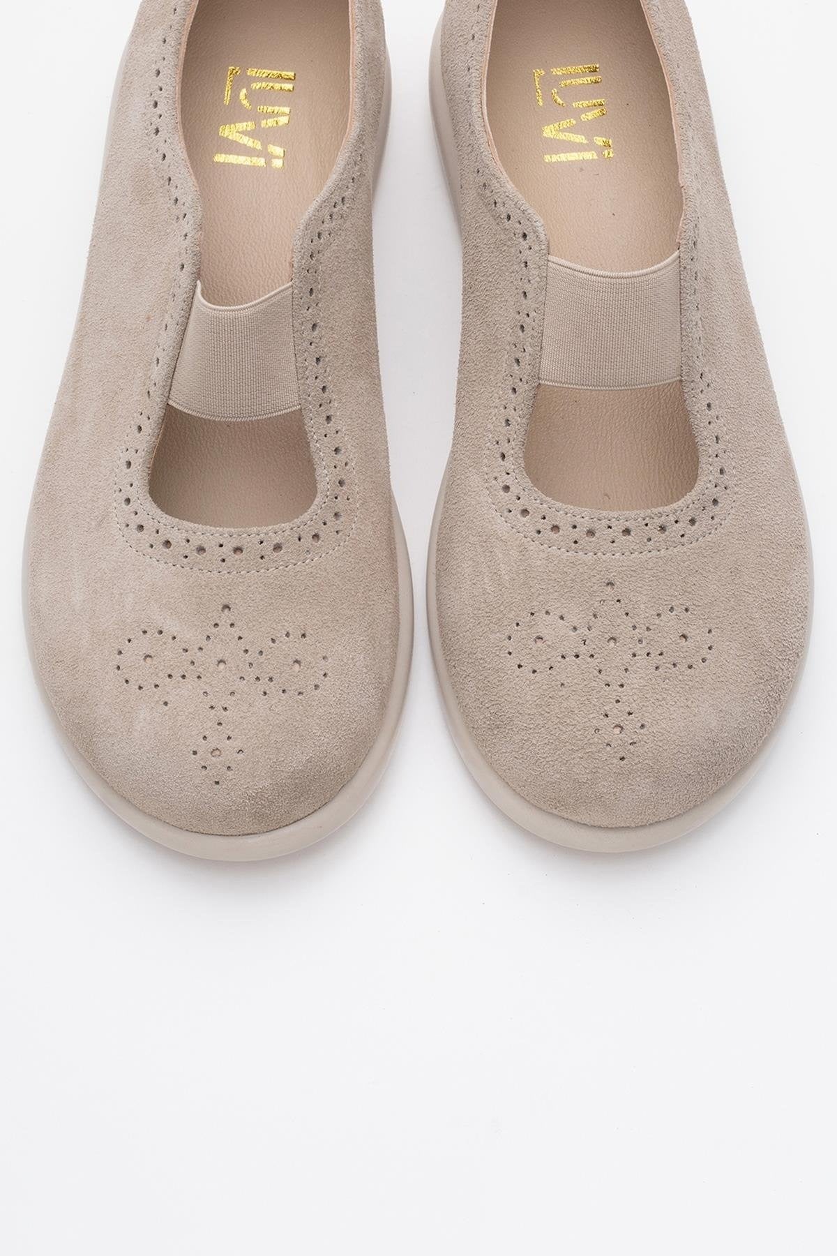 CHELLE Beige Suede Elastic Leather Flat (Women)