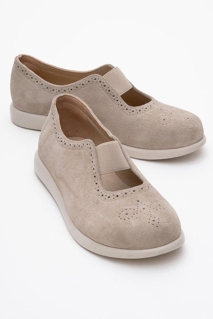 CHELLE Beige Suede Elastic Leather Flat (Women)
