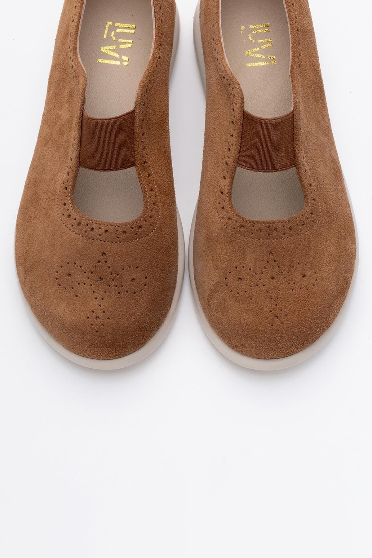 CHELLE Cognac Brown Suede Elastic Leather Flat (Women)