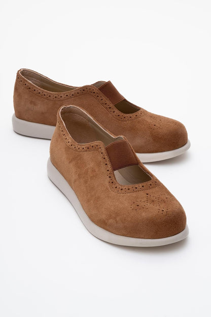 CHELLE Cognac Brown Suede Elastic Leather Flat (Women)