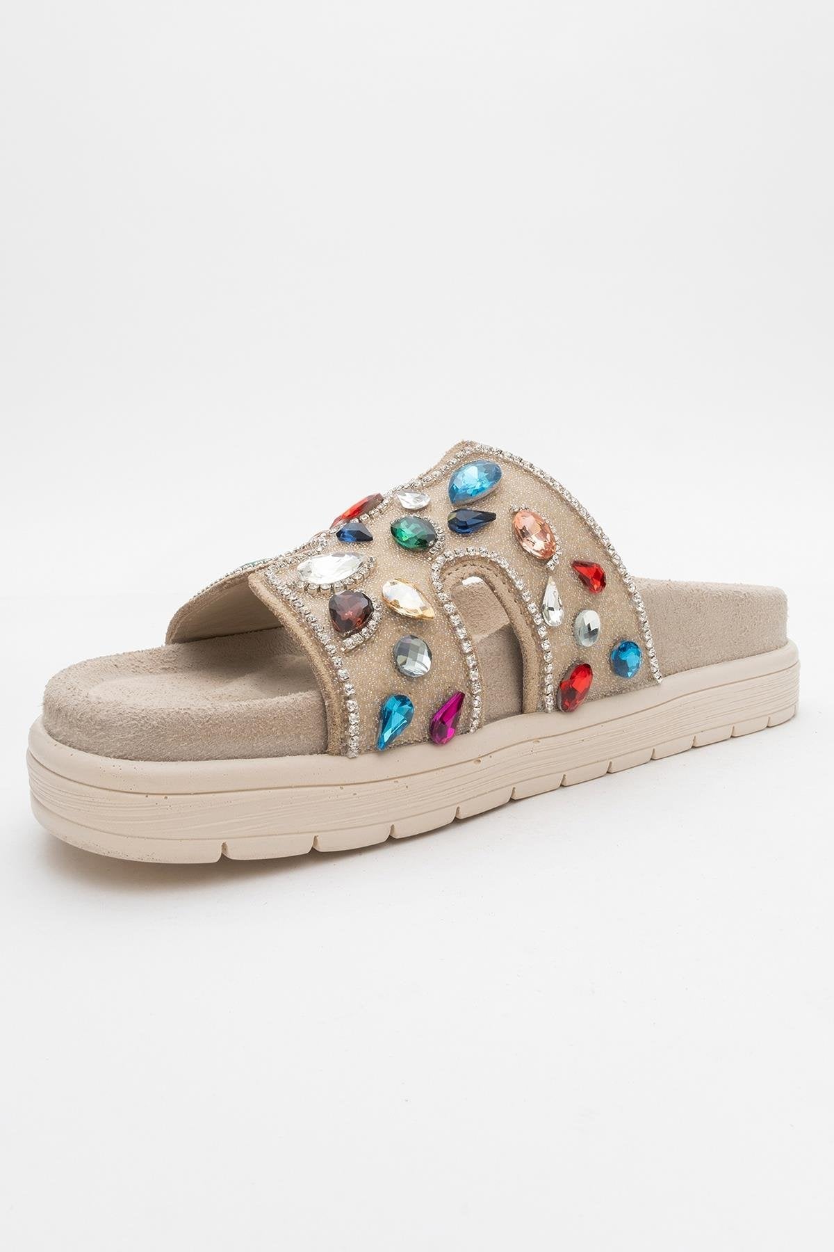 Denilla - Beige Leather Embellished Slide Sandal (Women)