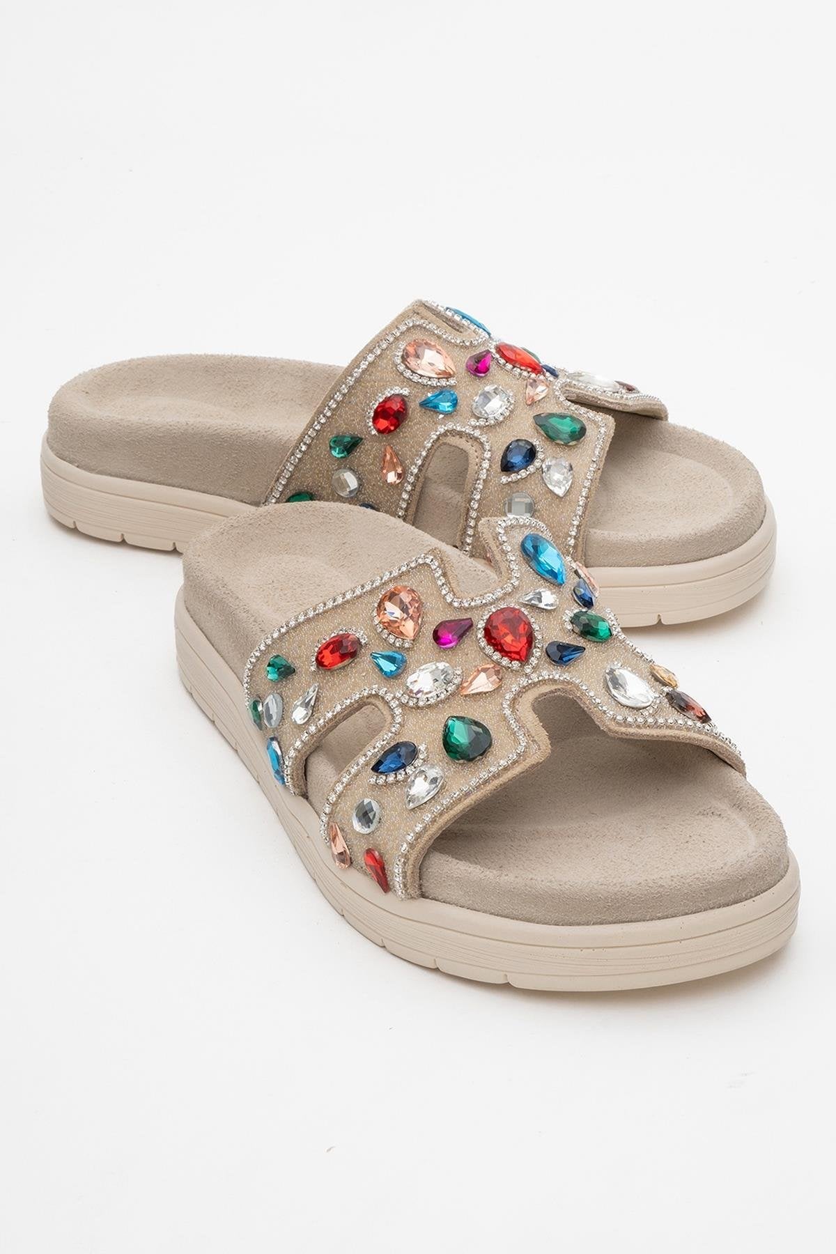 Denilla - Beige Leather Embellished Slide Sandal (Women)