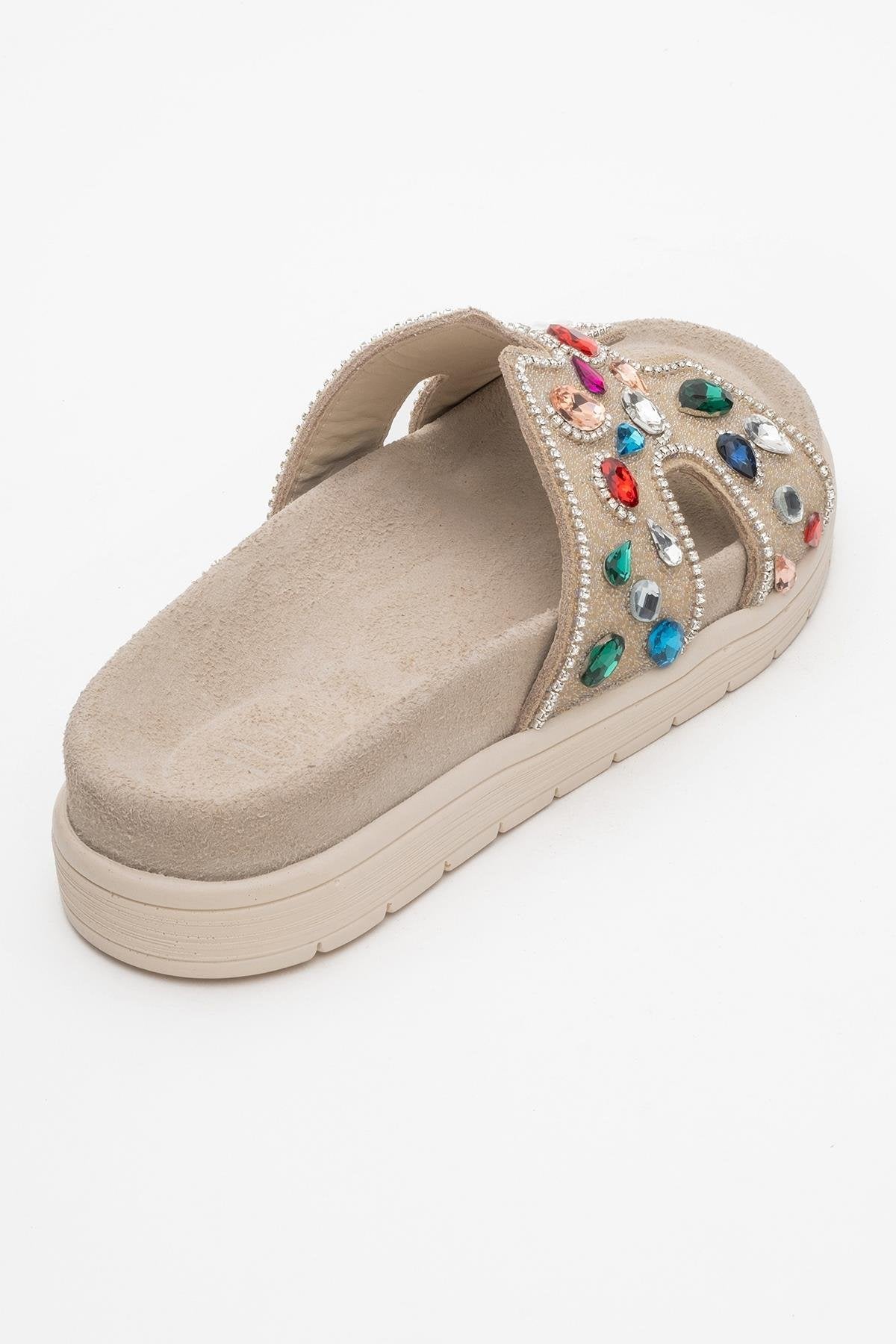 Denilla - Beige Leather Embellished Slide Sandal (Women)