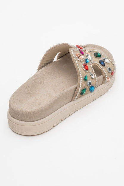 Denilla - Beige Leather Embellished Slide Sandal (Women)