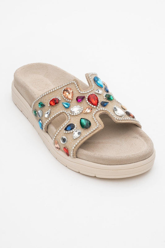 Denilla - Beige Leather Embellished Slide Sandal (Women)