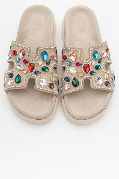 Denilla - Beige Leather Embellished Slide Sandal (Women)
