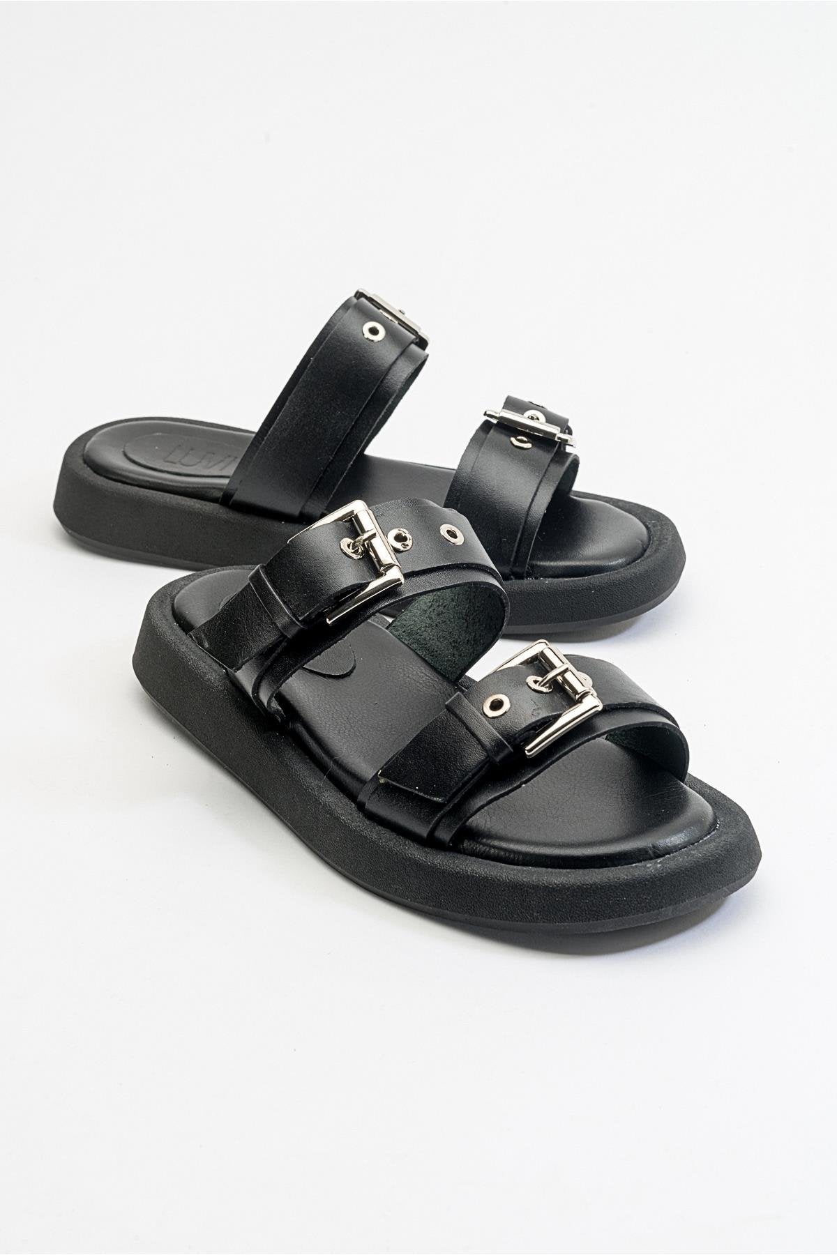 Finezza - Black Leather Two-Strap Sandal (Women)