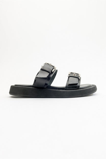 Finezza - Black Leather Two-Strap Sandal (Women)