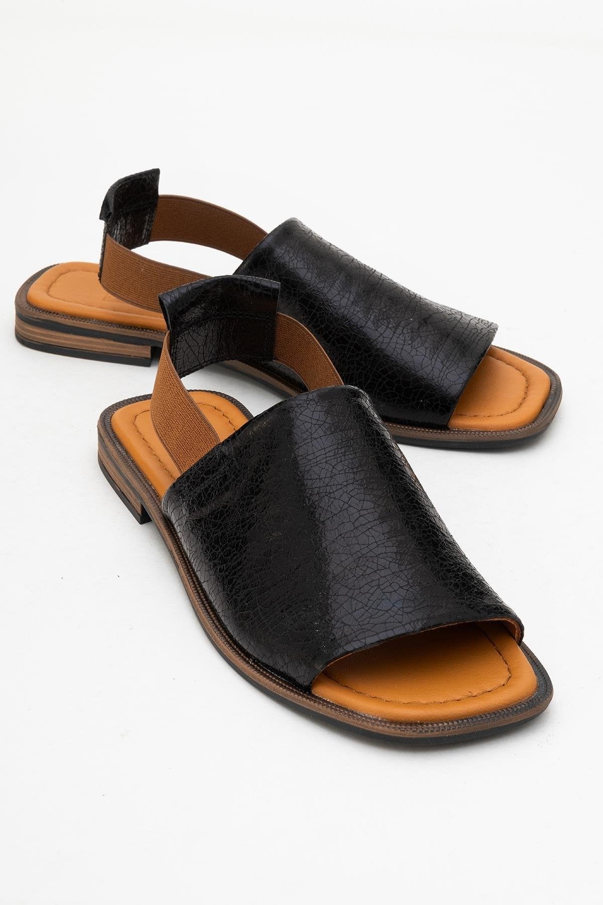 Fuela - Black Elastic Leather Sandals (Women)