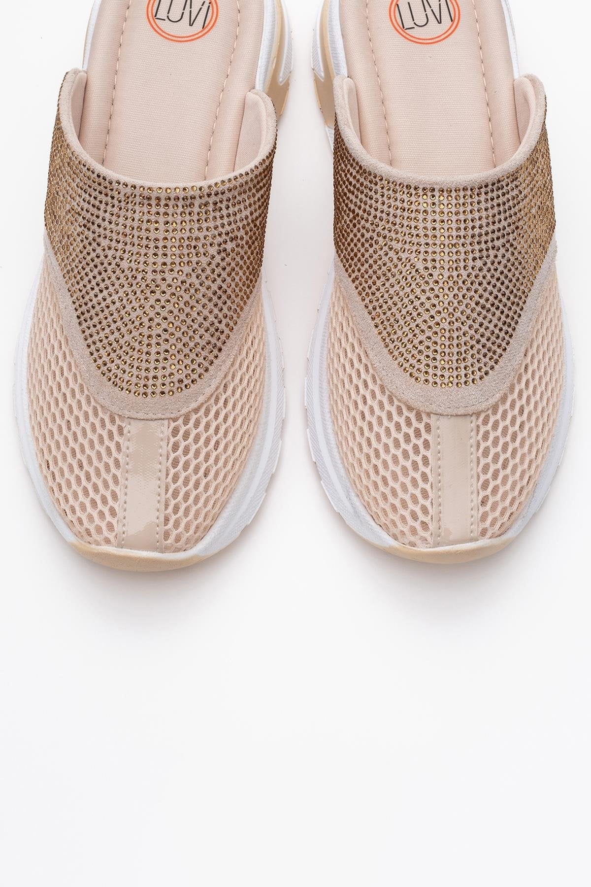 GLEA Beige Mesh Rhinestone Mules (Women)