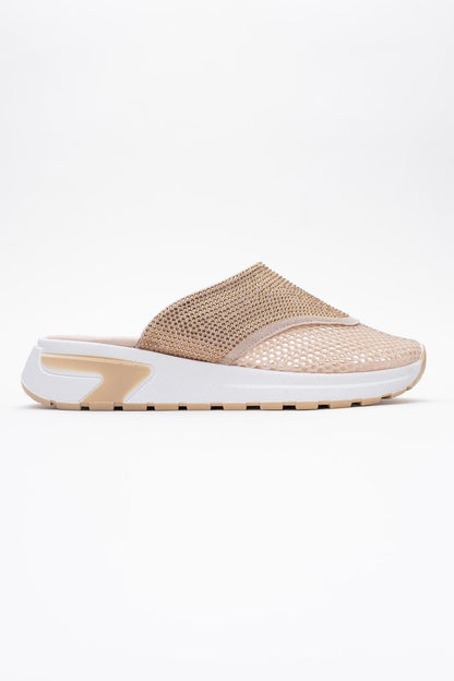 GLEA Beige Mesh Rhinestone Mules (Women)