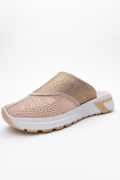 GLEA Beige Mesh Rhinestone Mules (Women)