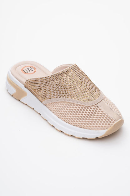 GLEA Beige Mesh Rhinestone Mules (Women)