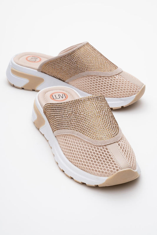 GLEA Beige Mesh Rhinestone Mules (Women)