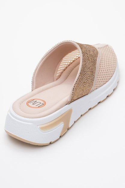 GLEA Beige Mesh Rhinestone Mules (Women)