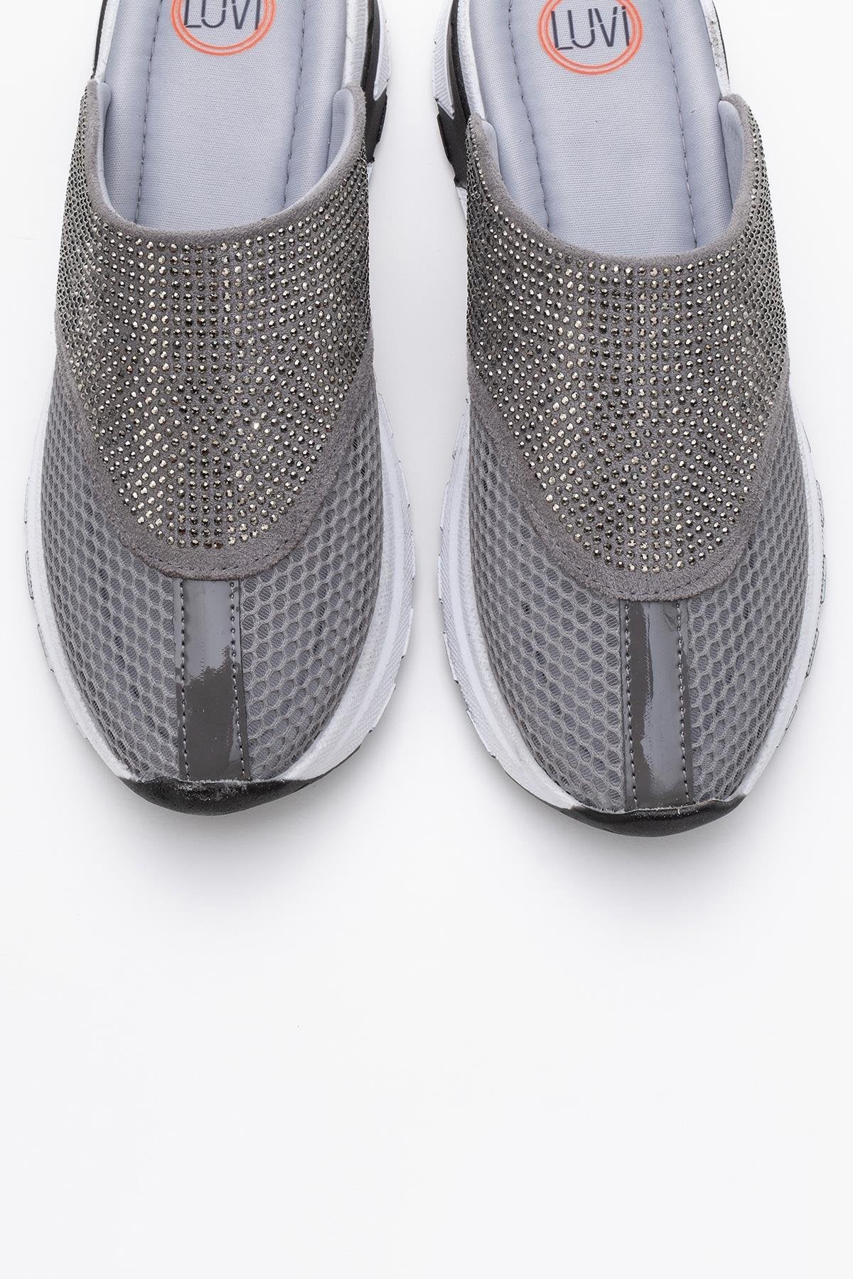 GLEA Grey Mesh Rhinestone Mules (Women)