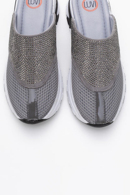 GLEA Grey Mesh Rhinestone Mules (Women)