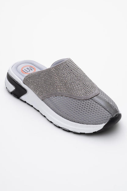 GLEA Grey Mesh Rhinestone Mules (Women)