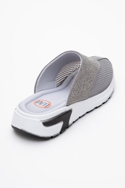 GLEA Grey Mesh Rhinestone Mules (Women)