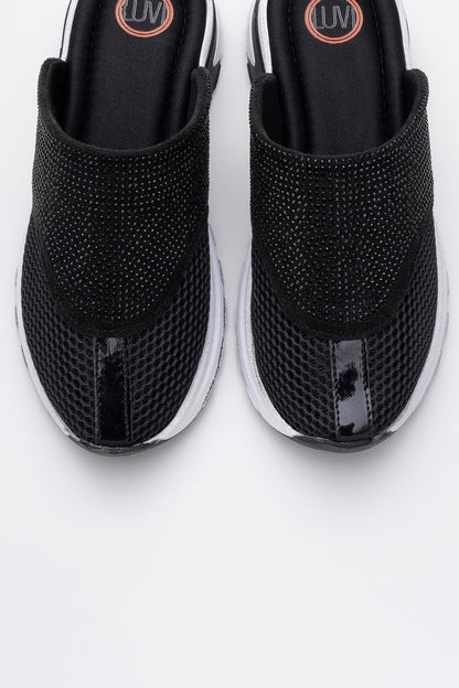 GLEA Black Mesh Rhinestone Mules (Women)